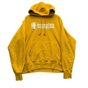 Champion Reverse Weave Hoodie Mens Large Mustard Yellow Triple Logo Sweatshirt